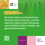 Wo finden Alleinerziehende in Ihrer Kommune Unterstützung - zum Beispiel bei Fragen zu Geld, Betreuung oder Konflikten? Gibt es Stellen, die ganzheitlich beraten?